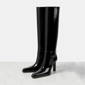 Women’s Mirror Patent Long Knee-High Boots All Season Solid Black Shiny Small Square Toe Chunky Heels