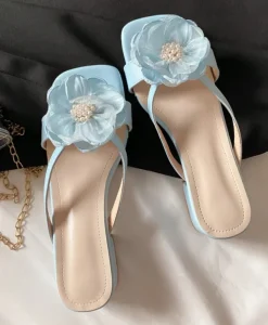 Women’s Mule Shoes Light Blue Flower Pearl Block Heel Slide Sandals Square Toe Slip-On Mid Heel Sandals for Bridal & Party
