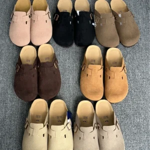 Women’s Mules Cow Suede Leather Cork Clogs Summer Mesh Square Toe Flat Slippers Cushioning Anti-slippery
