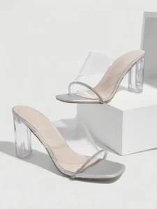 Women’s Mules Square Toe Transparent Block Heel Sandals Rhinestone Strap Sexy Summer Outdoor Wedding Evening Party Shoes