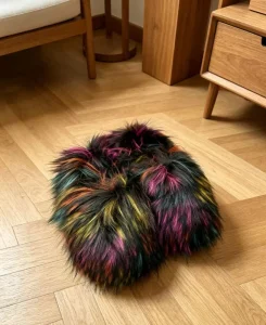 Women’s Multicolor Faux Fur Slippers Open Toe Fluffy Plush Slides Colorful Furry House Slippers with Non-slip Black Sole