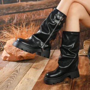 Women’s New Fashion Long Boots with Round Toe Buckle and Thick Heel and Thick Sole European and American Style Boots