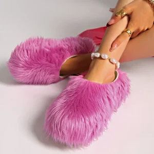 Women’s New Fashionable Home Outdoor Thick Soled Non Slip Slippers with Soft Imitation Fur Fur Mueller Shoes