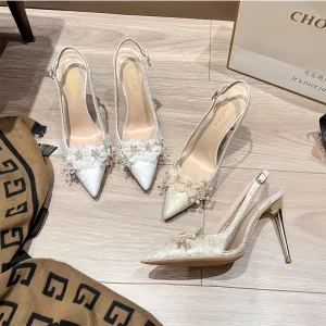 Women’s New French Bride Gold Wedding Shoes Slender Heel Pointy Rhinestone Sandals Bridal Shoes