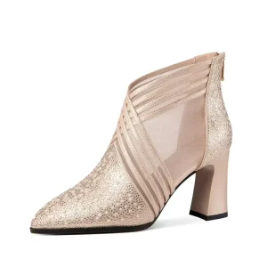 Women’s New Net High Heeled Hollow Mesh Chukka Boot Sandals Side Zipper Closure Anti Slip Height Increasing Thick