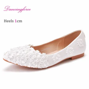 Women’s New PU Leather White Breathable Lace Embroidery Wedding Banquet Bride Bridesmaids Wedding Flat Casual Shoes