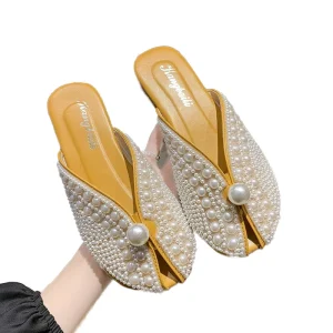 Women’s New Popular Pearl Open Toe PU Rubber Waterproof Casual Flat Heel Slippers Sandals Breathable Outdoor Summer Design
