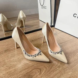 Women’s New Satin Fine and Pointy French Gentle Temperament Rhindiamonds All Match PU Spice Heels