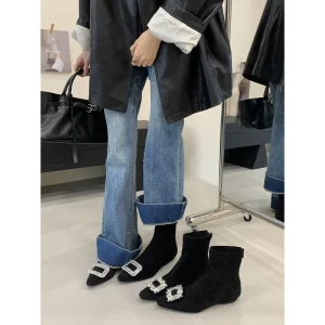 Women’s New Spring & Autumn Hidden Wedge Ankle Boots Rhinestone Square Buckle Suede Versatile Zipper back Slim fit Boots
