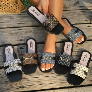 Women’s New Square Toe Flat Sandals Fashion Trend Metal Buckle Comfortable