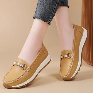 Women’s New-Style Casual Shoes Non-Slip Solid Color Flats with Comfortable Leather Lining Insole Rubber and PU Material