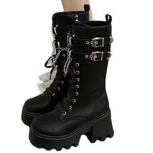 Women’s New Style Mid-Calf Punk Martin Boots Thick Sole Height Increasing Winter Performance Snow Boots Elegant Knight Style