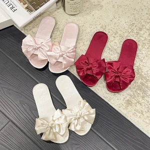 Women’s New Style Satin Red Wedding Bridesmaid Slippers Butterfly Knot Bride Dressing Gown Matching Shoes for Summer