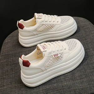 Women’s New Style White Sneakers Thin Breathable Lace Mesh Genuine Leather Thick Soled Casual Sports Board Walking Shoes