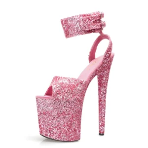 Women’s Nightclub Crystal Heel Shoes Super High Heel Frosted Powder Ankle Strap for Summer Runway Pole Dancing