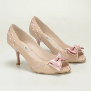 Women’s Nude Leather Peep-Toe Pink Satin Bow Stiletto Pumps Romantic Wedding Bridesmaid Shoes