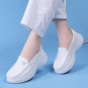 Women’s Nurse Shoes Hollow Breathable Design Soft Flat Soles Genuine Leather Upper Comfort for Medical Work