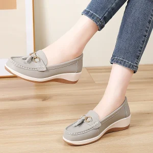 Women’s Office Casual Wedge Loafers Lightweight Durable Anti Slippery PU Upper Slip On Shoes Buckle Detail PU Insole for Daily