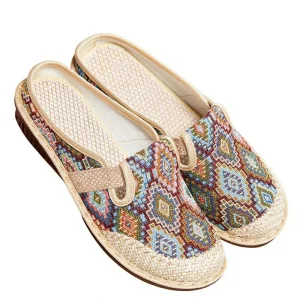 Women’s Old Beijing style Ethnic Summer Mules Linen Upper Breathable Soft Sole Slip On Casual Shoes for Mom Available