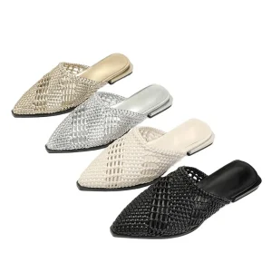Women’s Open/Pointed Toe Woven Summer Autumn Flat Mules Breathable Metallic & Matte Weave Slip-On Sandals for Spring