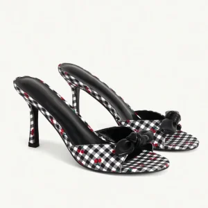 Women’s Open Round Toe High Heel Mule Sandals Summer Shoes Black Cherry Plaid Slip-On Heeled Sandals Femme with Bow