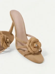 Women’s Open Toe Beige High Heel Sandals Fashionable Design Slip On High Top for Summer Outdoor Wear