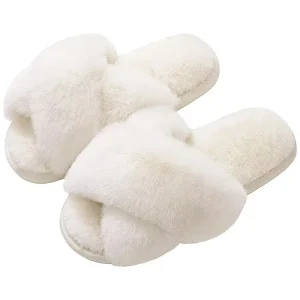 Women’s Open Toe Cross Strap Soft Warm Plush Home Cushioning Furry TPR Outsole for All Seasons