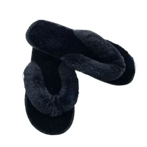 Women’s Open Toe Flat Slippers Fuzzy Cotton Fabric Winter Sandal Faux Fur Simple Fashion Home Flip Flops Comfortable Warmth