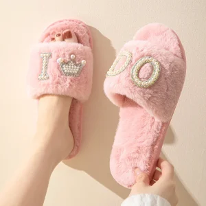 Women’s Open Toe Furry Memory Foam House Bedroom Winter Fur Slippers for Women Bridesmaid I Do Crew Slides
