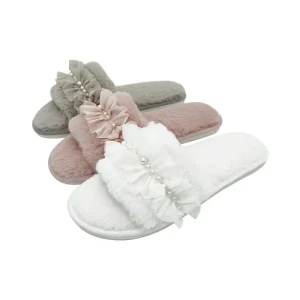 Women’s Open Toe Fuzzy Bedroom Memory Foam Soft Plush Bride Slippers Indoor Outdoor Lace Pearl Slipper