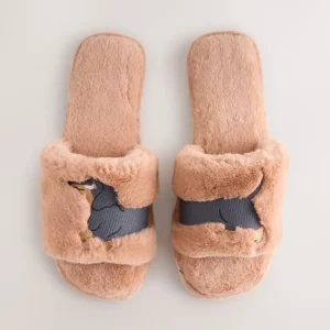 Women’s Open Toe Fuzzy Memory Foam Slippers with Customized Embroidery Sausage Dog Faux Fur Slider Slippers