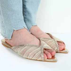 Women’s Open Toe High-Heeled Flip Flops Crystal Rhinestone Mesh Design Pointed Toe Summer Sandals