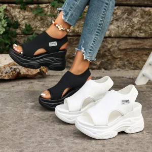 Women’s Open Toe Platform Wedge Sandals Breathable Stretch Fabric Slip On Casual Shoe