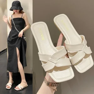 Women’s Open Toe Slippers Fashionable Slip On French Flat Flip Flops Leisure Style for Outdoor Wear