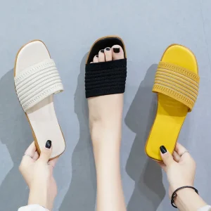 Women’s Open Toe Slippers Flat Outdoor Ladies Sandals Beach Anti-slip Knitting Lazy Luxury Women Slippers for Summer