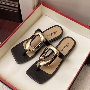 Women’s Open Toe Summer Flip Flops Casual Square Toe Niche Beach Slippers Versatile Metal Buckle Sandalias De Mujer