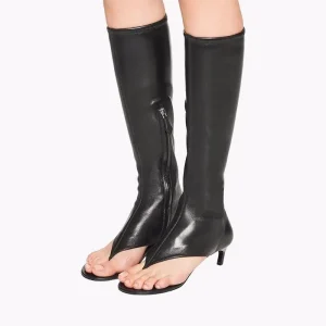 Women’s Open Toe Thong Knee-High Boots with Side Zipper Stretch Fabric Fashion Kitten Heel Summer Sandal Boots