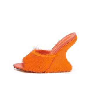 Women’s Orange Horse Hair Fur Wedge Mule Sculpted Heel Open Toe Footwear