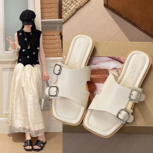 Women’s Outdoor Breathable Lightweight Square Toe Spring Summer New Style All-Match Korean Style Fashion Slide Sandals