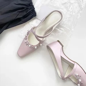 Women’s Outdoor Mules with Sheepskin Lining Soft Summer Purple Cross Strap Lace up Rhinestone Knit Square Toe and Rubber Outsole