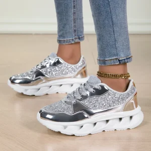 Women’s Outdoor Silver Fashion Sports Breathable Platform Sneakers Chunky Walking Shoes