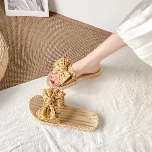 Women’s Outdoor Slippers Flat Sole Style Summer New Korean Style Sandals Versatile Bow Beach Comfortable Slippers