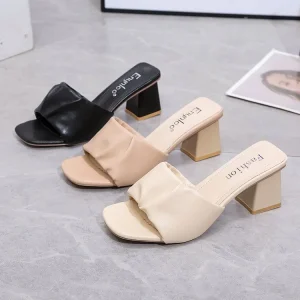 Women’s Outdoor Slippers High Heel Chunky Heel Square Toe Slip-On Korean Style Rubber Outsole Spring Summer Trendy Shoes