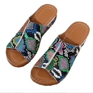 Women’s Outdoor Snake Skin Leopard Print Faux PU Leather Anti-slippery Slide Sandals