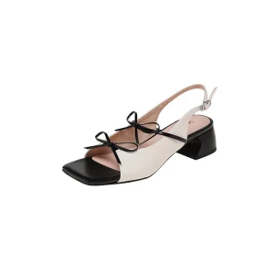 Women’s Outer Wear Summer Open Toe Chunky Heel Bow Genuine Leather Slip-On Roman Sandal