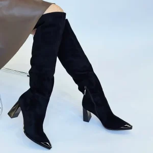 Women’s Over-the-Knee High Boots Black Sheep Suede Pointed Toe 3cm Block Heel Fur Lining Fashion Party Work Daily Wear