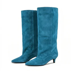 Women’s Oversized Wide Calf Knee High Boots Faux Suede Pointed Toe Kitten Heel Pull on Slouch Western Style