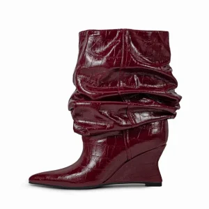 Women’s Oversized Wide Calf Slouch Boots 7.5CM Sculptural Wedge Heel Pointed Toe Stone PU Ankle Booties