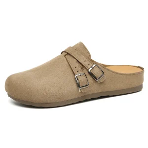 Women’s PU Clogs Mules with Round Toe Flat Heel Metal Shoes Buckle Decor for Casual Daily Footwear for Spring