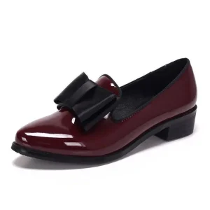 Women’s PU Dress Shoes Flat Pointed Toe Solid Color Bow Square Heel Ladies Formal Work Casual Shoes